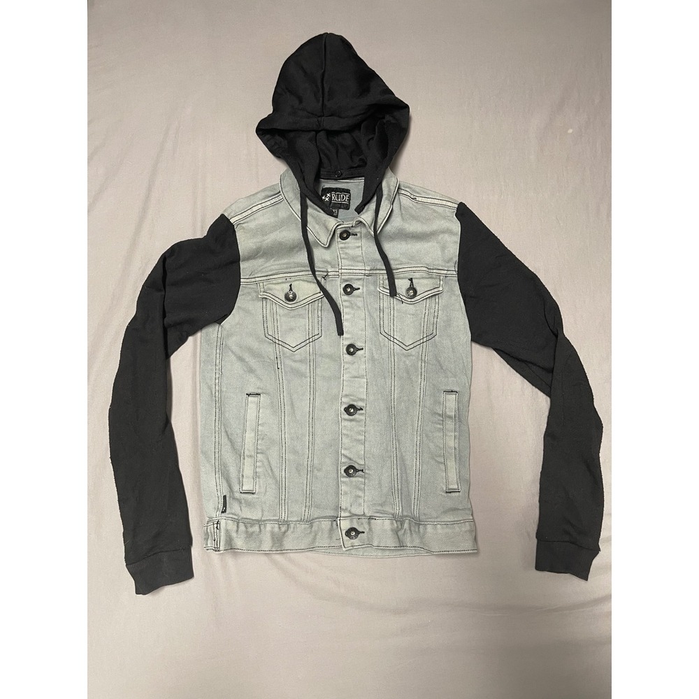 Rude Mens Grey Denim Hooded Trucker Jacket Black Jersey Sleeves XS
